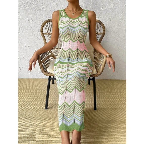 Boho Chevron Pattern Pointelle Knit Sweater Dress - Picture 3 of 6